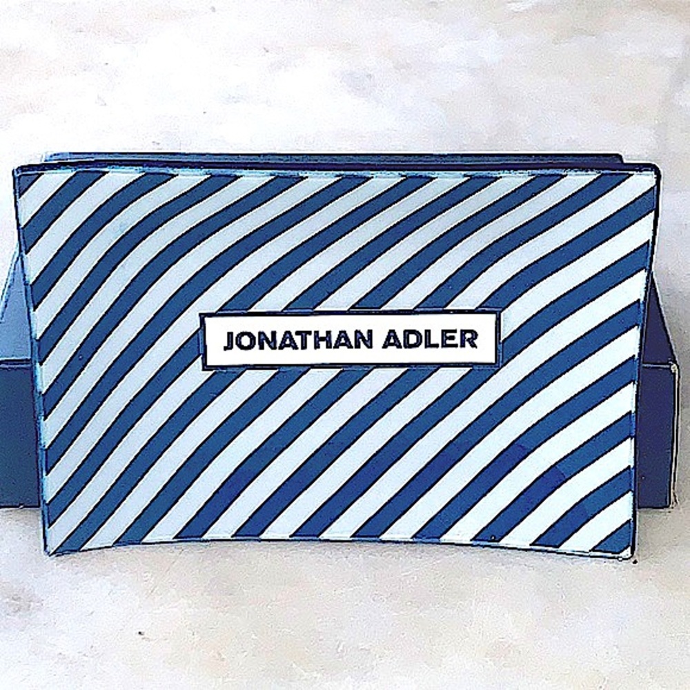 JOHNATHON ADLER GLASS CATCHALL TRAY NAVY STRIPING NIB 6 BY 4
